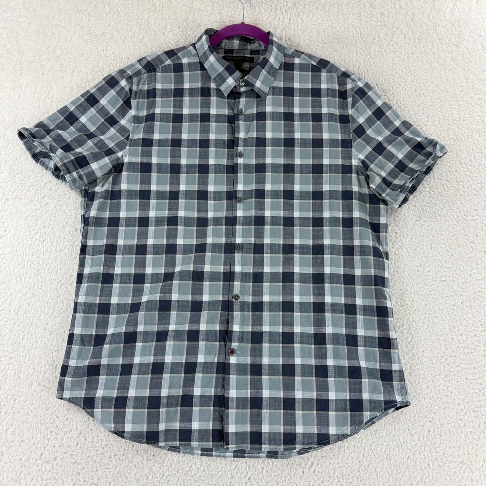 John Varvatos Button-Up Shirt Mens‎ Large Blue Plaid Short Sleeve 100% Cotton